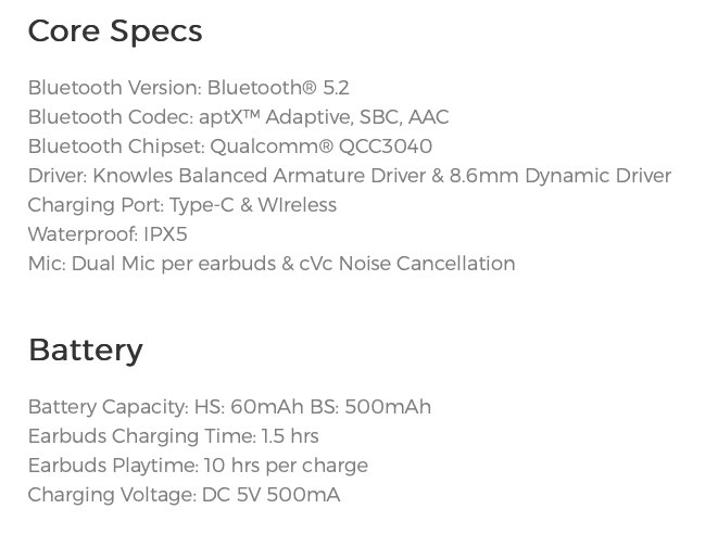 TWS H1 specs